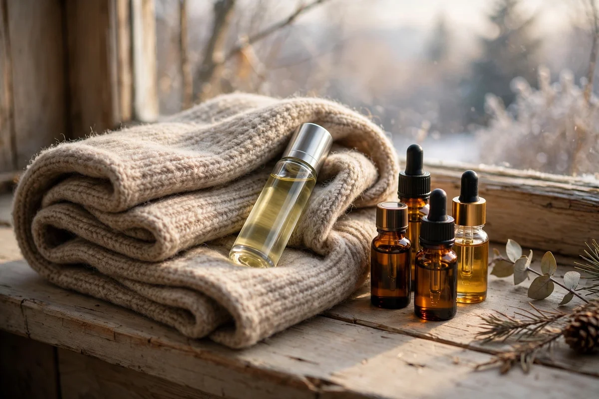 Roller bottle beside a folded wool scarf and small oil bottles on a wooden windowsill