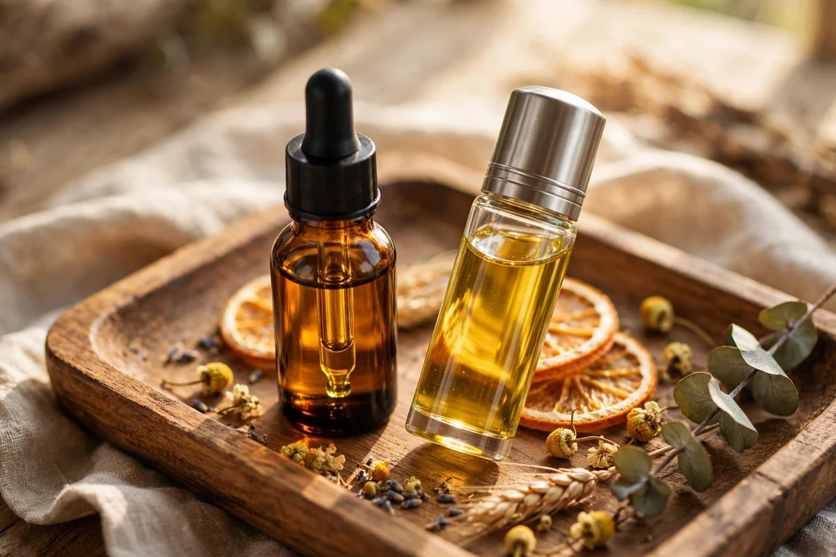 Amber vitamin E oil bottle beside a roller bottle on a wooden tray in warm light