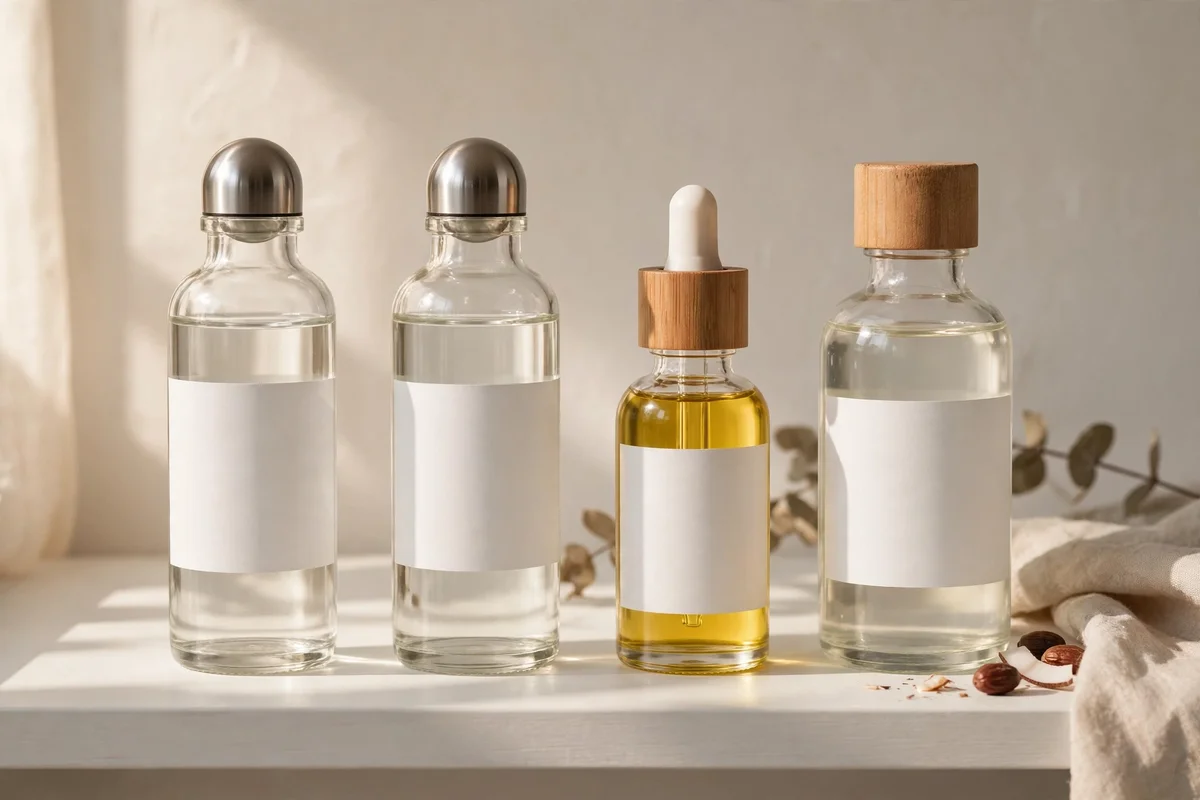 Two plain labelled roller bottles beside simple jojoba and coconut oil bottles