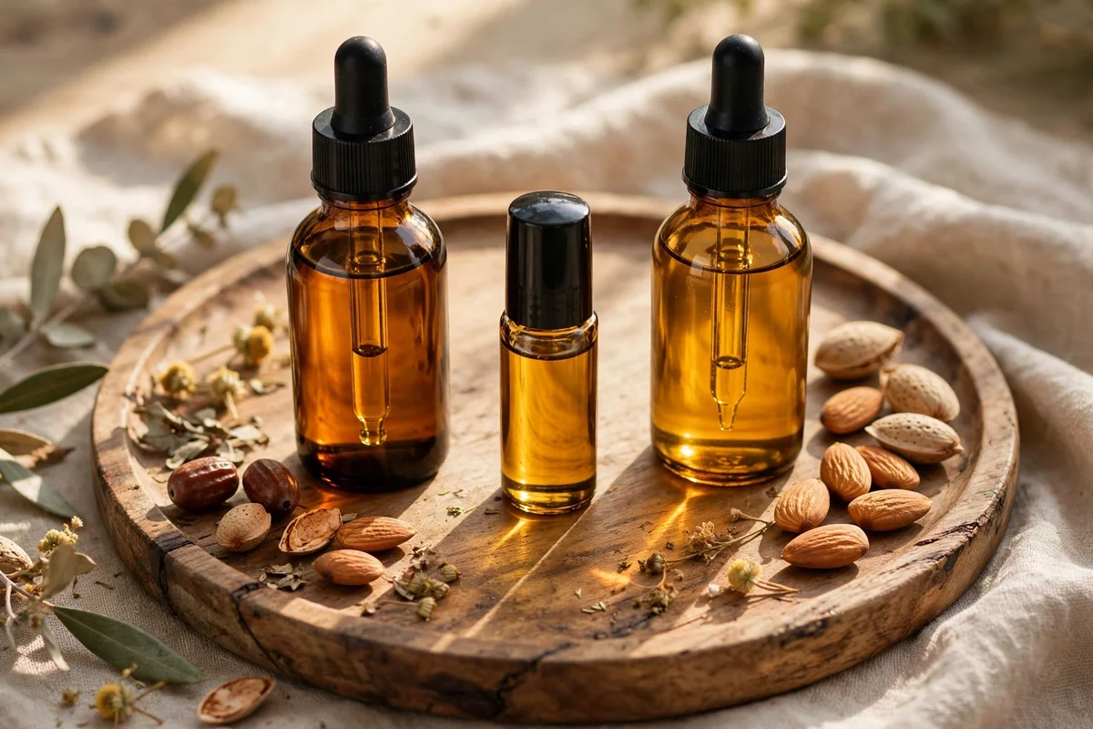Jojoba and sweet almond oil bottles flanking a filled roller bottle on a round tray