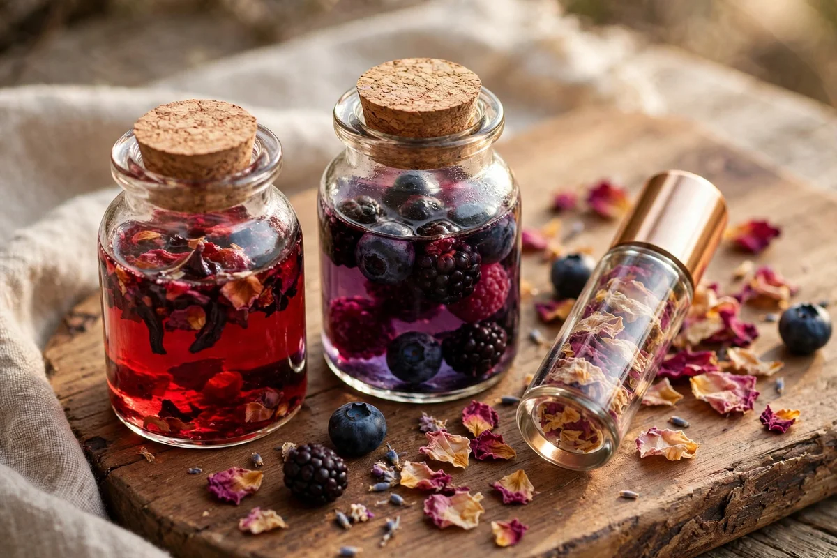 Two small jars of red and berry infusions beside a rosy roller bottle and dried petals