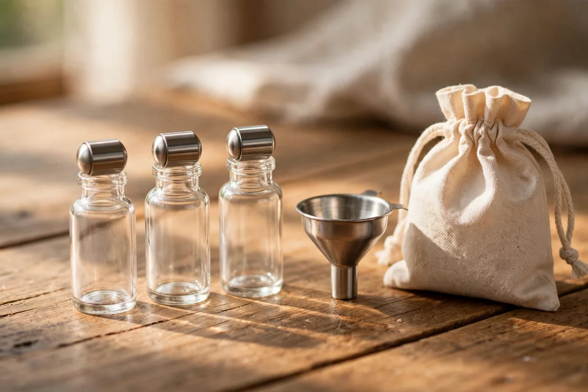 Tiny 5 ml roller bottles beside a small funnel and a cotton pouch on a wooden desk