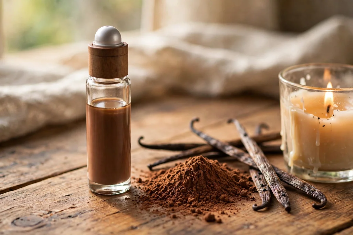 Mocha tinted roller bottle beside cocoa powder, vanilla pods and a lit candle