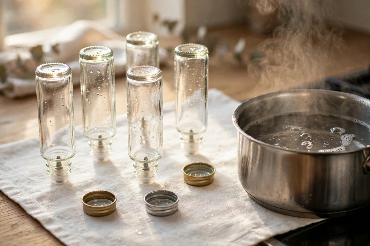 Glass roller bottles and caps air drying on a clean white cloth beside simmering water