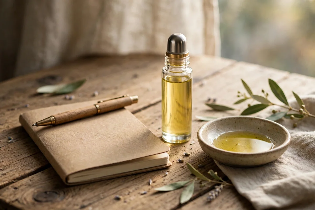 Small notebook and pen beside a roller bottle and a dish of oil on a wooden table