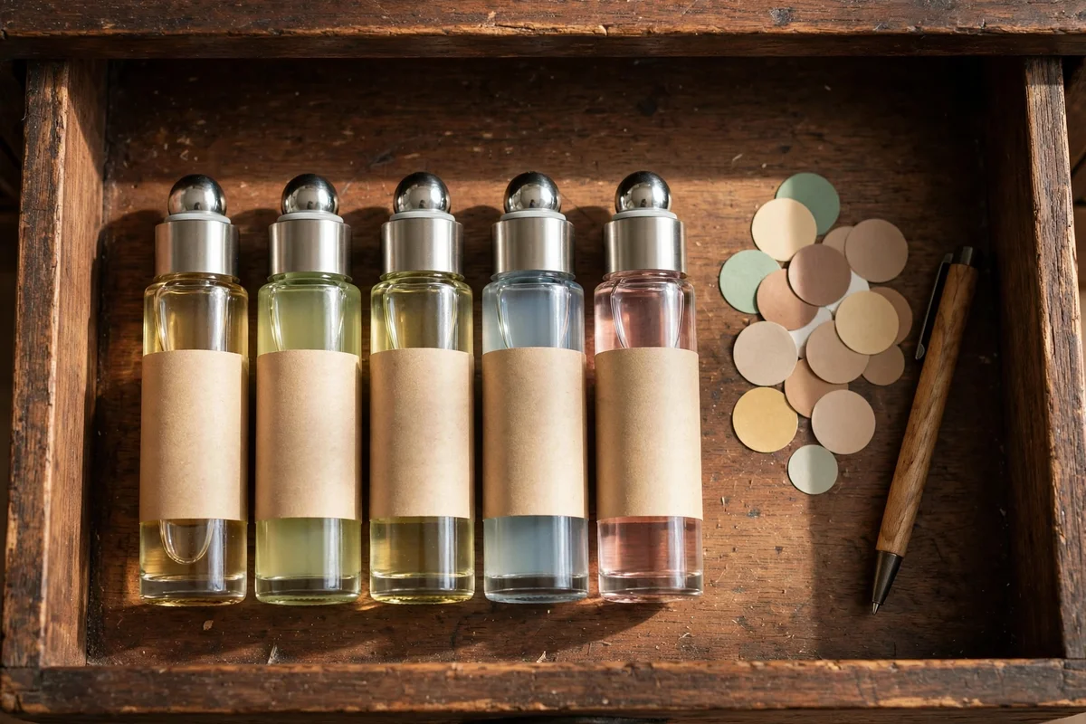 Labelled roller bottles lined in a dark wooden drawer beside stickers and a pen