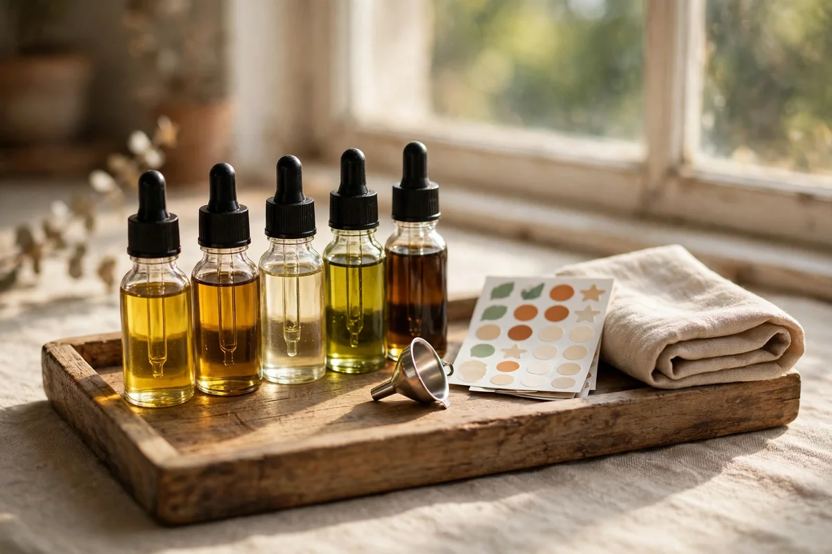 Wooden tray holding five small oil bottles, a tiny funnel, stickers and a cloth