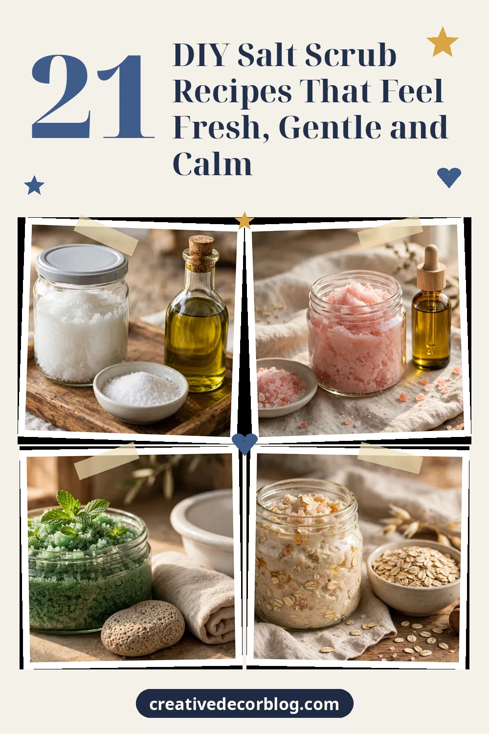 Pinterest pin with a grid of homemade salt scrub jars and the title 21 DIY Salt Scrub Recipes That Feel Fresh, Gentle and Calm