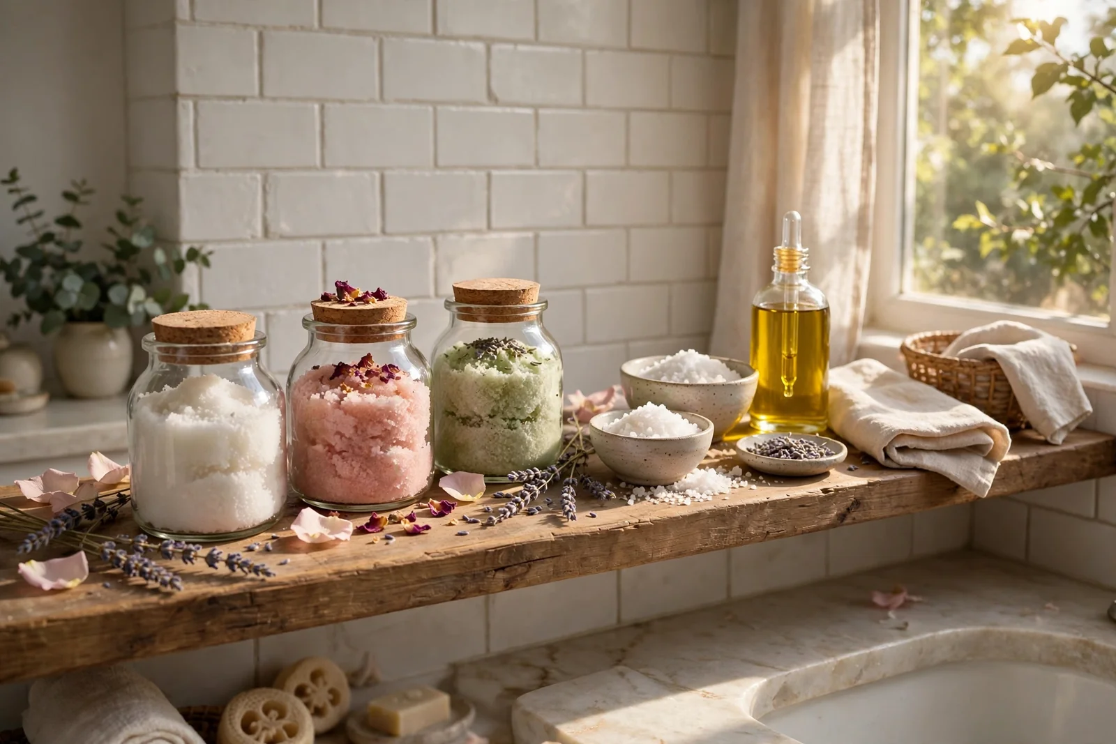 Glass jars of homemade salt scrubs in soft colours on a bathroom shelf with bowls of sea salt and botanicals