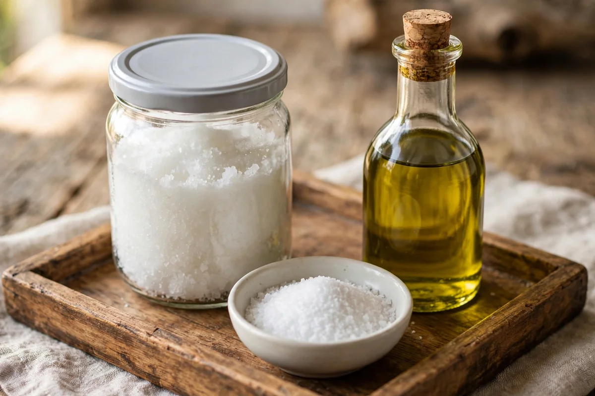 Jar of plain white sea salt scrub with a bowl of fine sea salt and olive oil