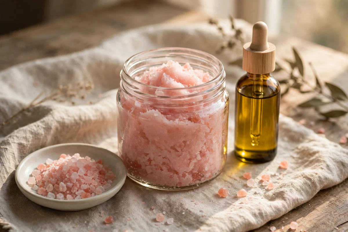 Jar of blush pink Himalayan salt scrub with pink salt crystals and almond oil