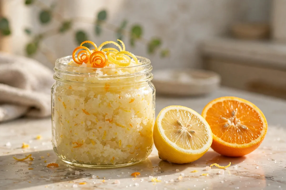 Jar of pale yellow citrus salt scrub with orange and lemon zest and halved citrus fruit