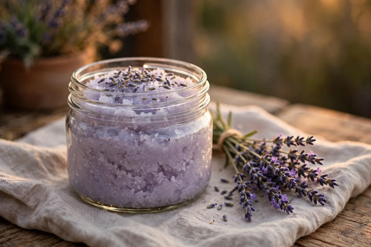 Jar of pale purple lavender salt scrub with dried lavender buds and stems