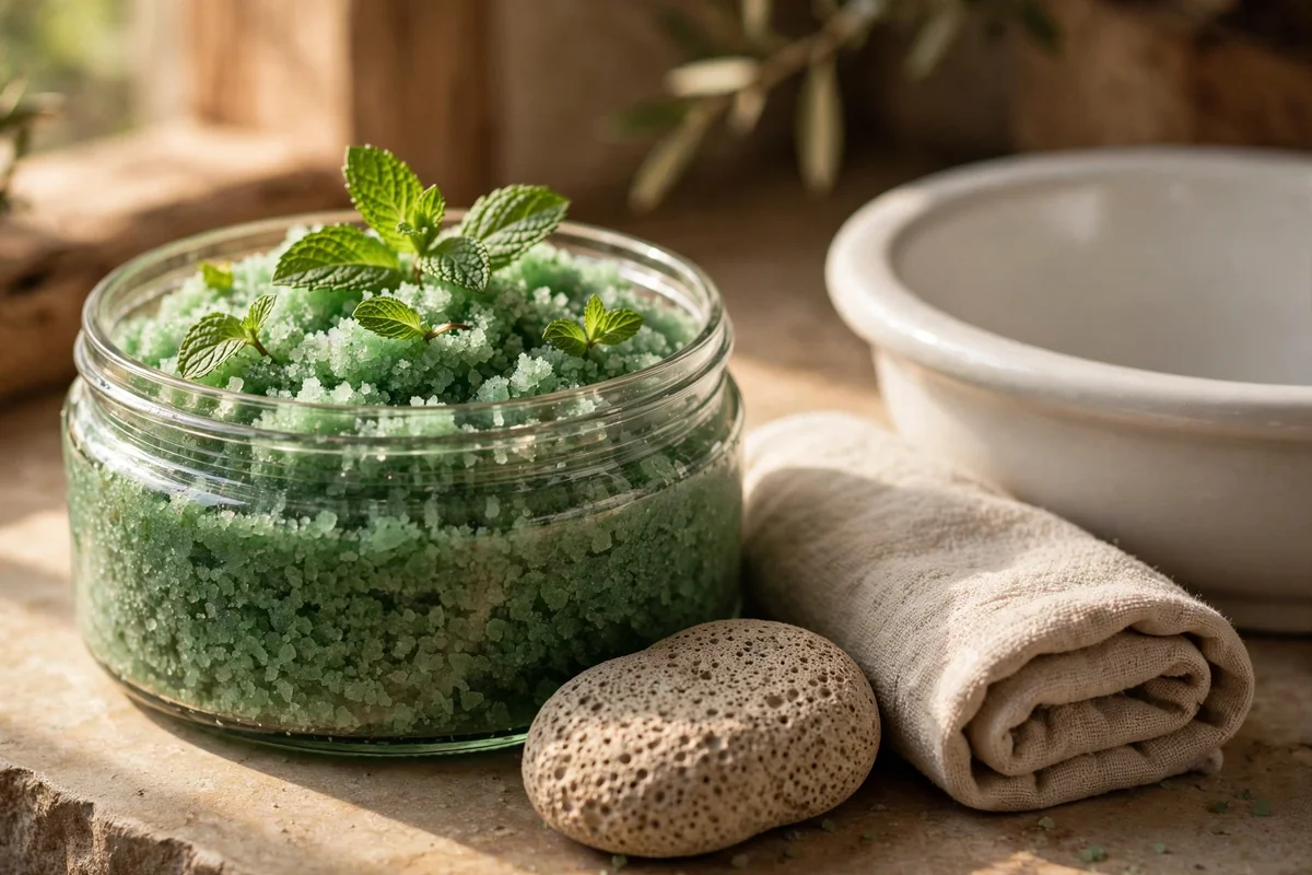 Wide jar of coarse mint foot salt scrub with fresh mint leaves and a pumice stone