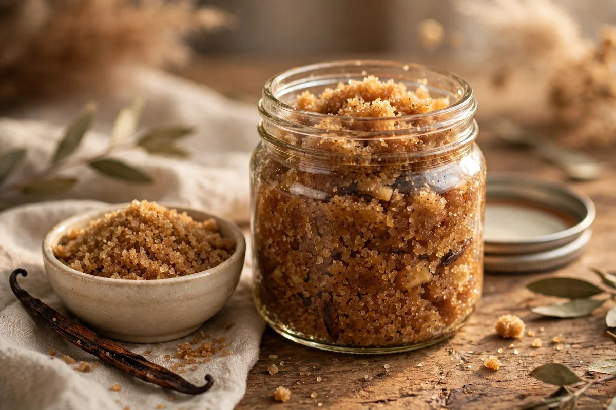 Jar of amber vanilla salt and brown sugar scrub with a vanilla pod