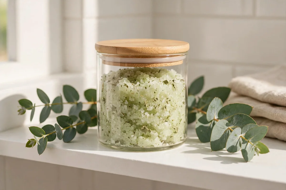 Jar of pale green eucalyptus salt scrub with fresh eucalyptus leaves