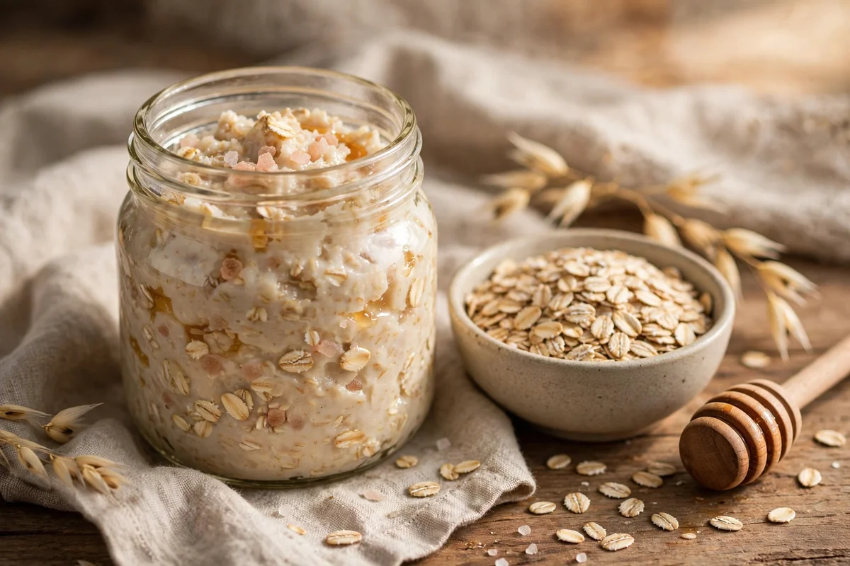 Jar of creamy oatmeal and honey salt scrub with rolled oats and a honey dipper