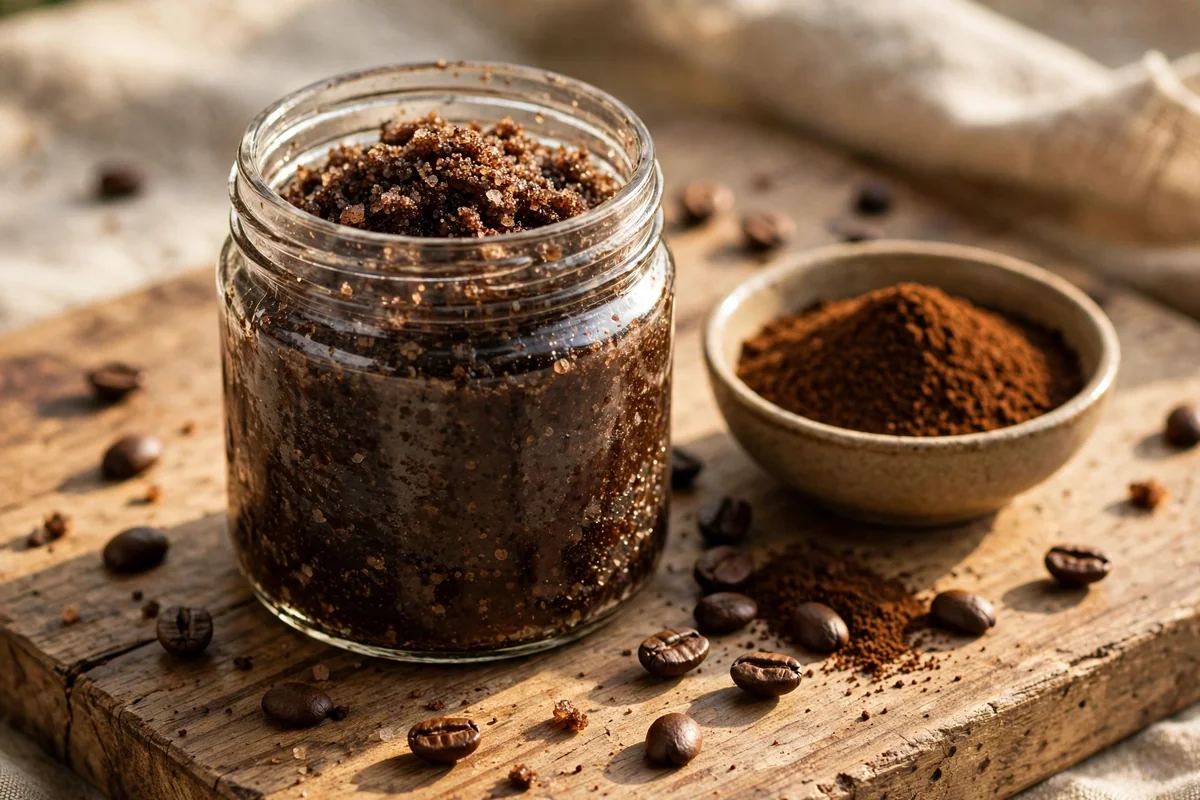 Jar of dark coffee salt scrub with coffee beans and ground coffee