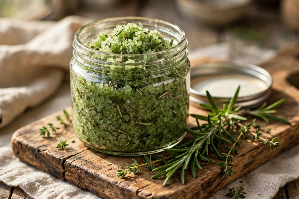Jar of green herb salt scrub with fresh rosemary sprigs and thyme