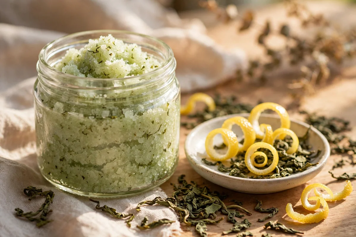Jar of pale green tea salt scrub with loose green tea leaves and lemon peel