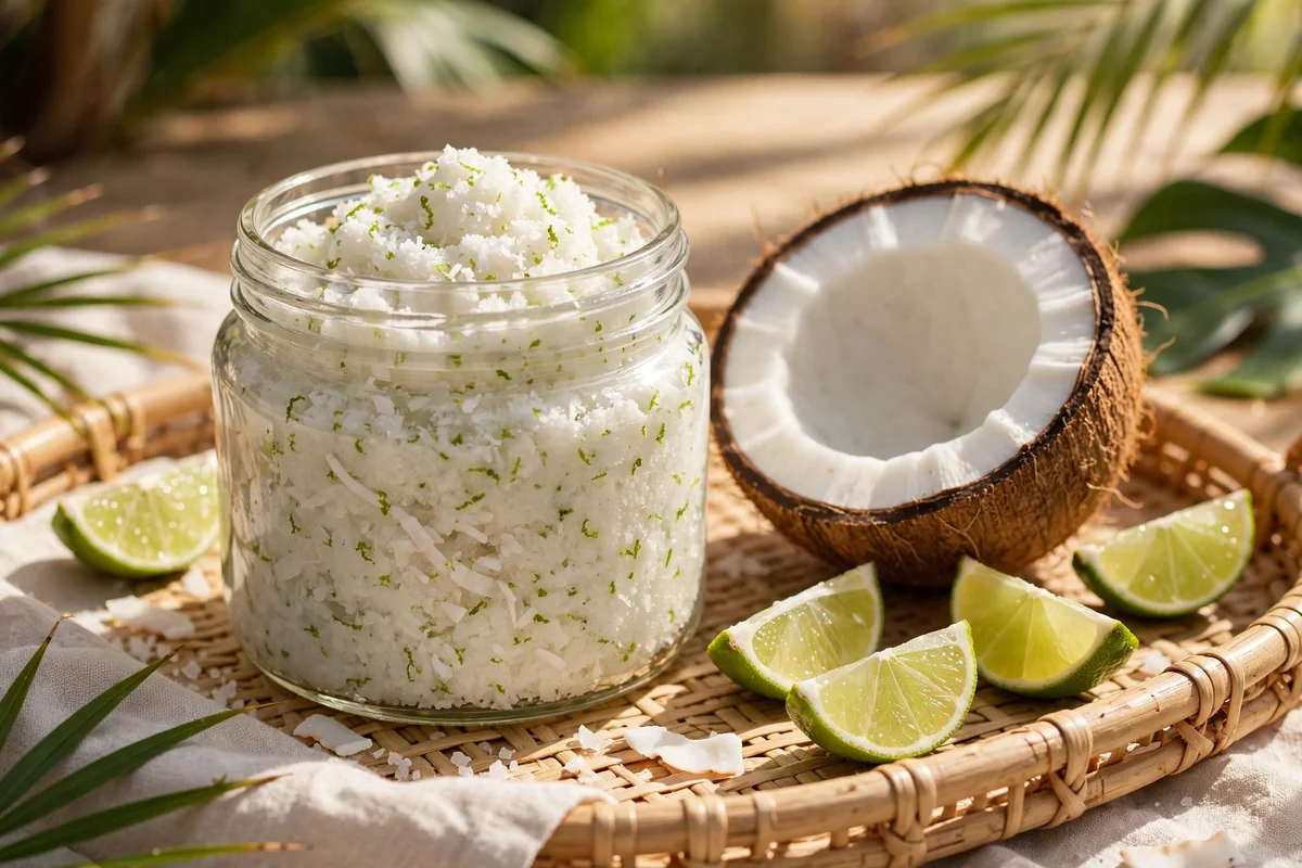 Jar of white coconut and lime salt scrub with halved coconut and lime wedges