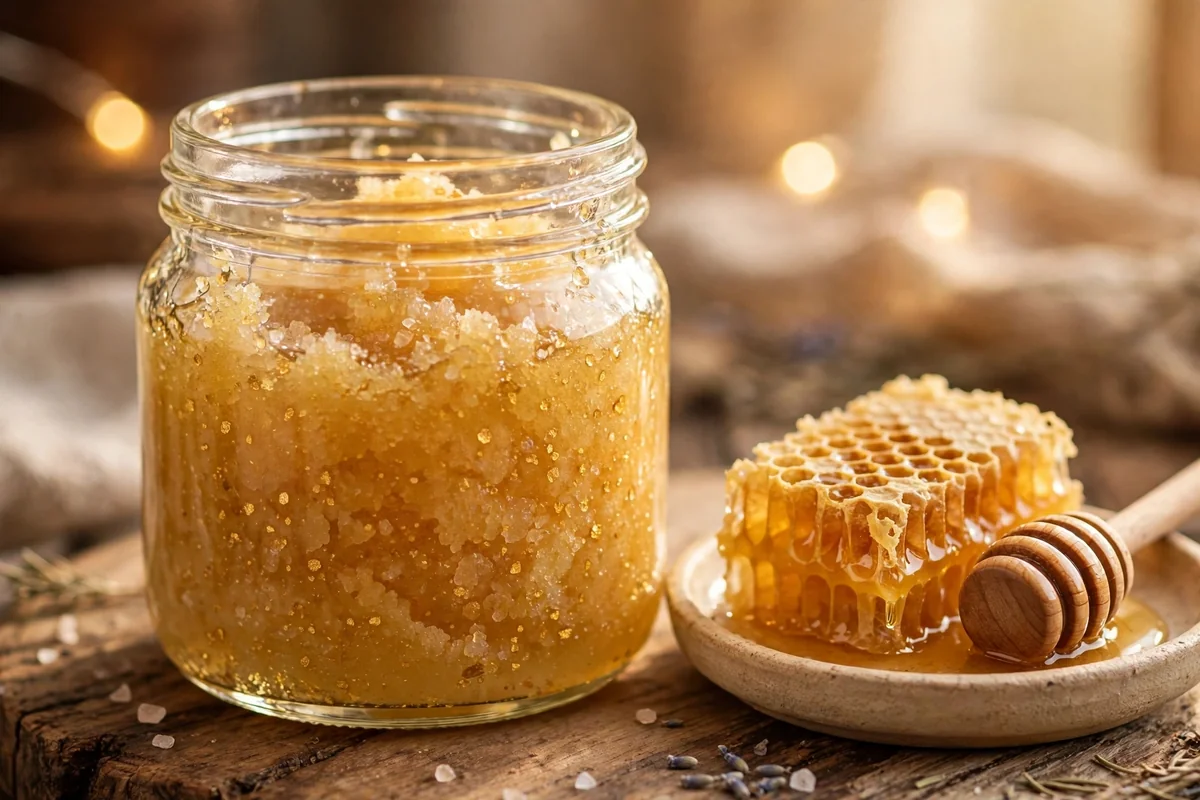 Jar of golden honey salt scrub with honeycomb and a wooden honey dipper
