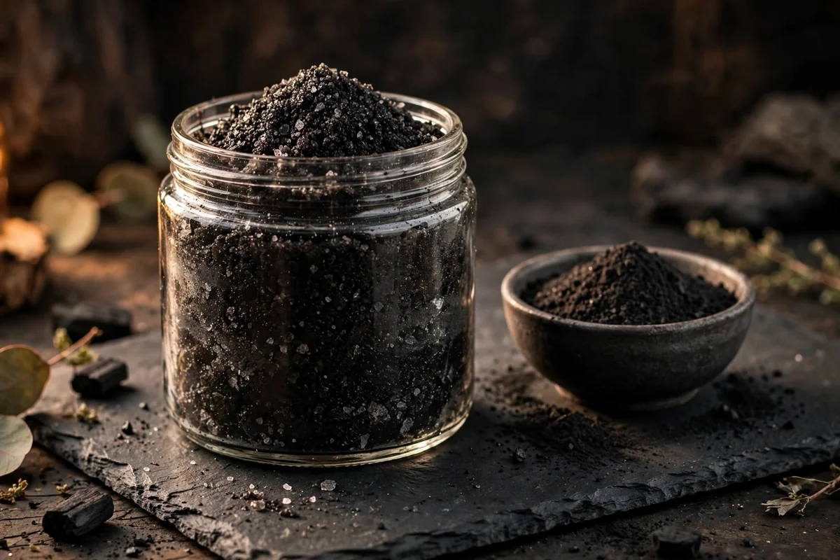 Jar of black charcoal salt scrub on a dark slate board with charcoal powder