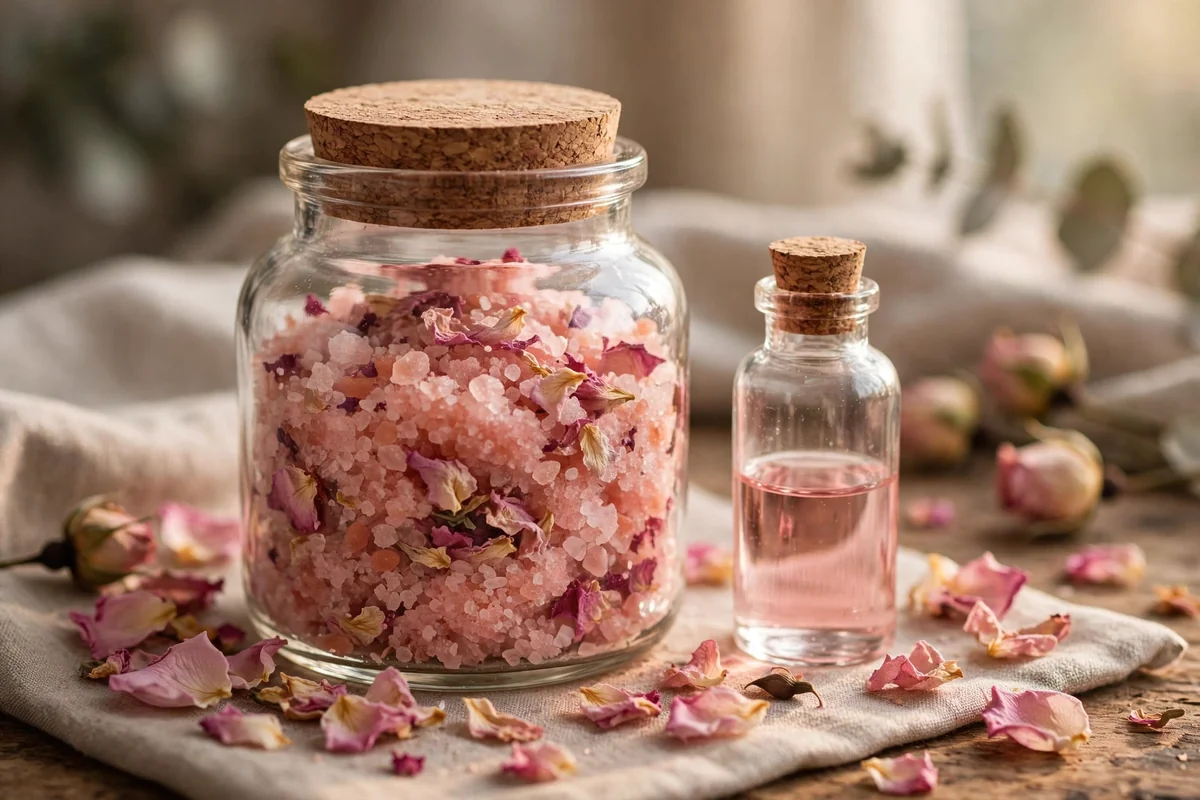 Jar of pink rose petal salt scrub with dried rose petals and rosewater