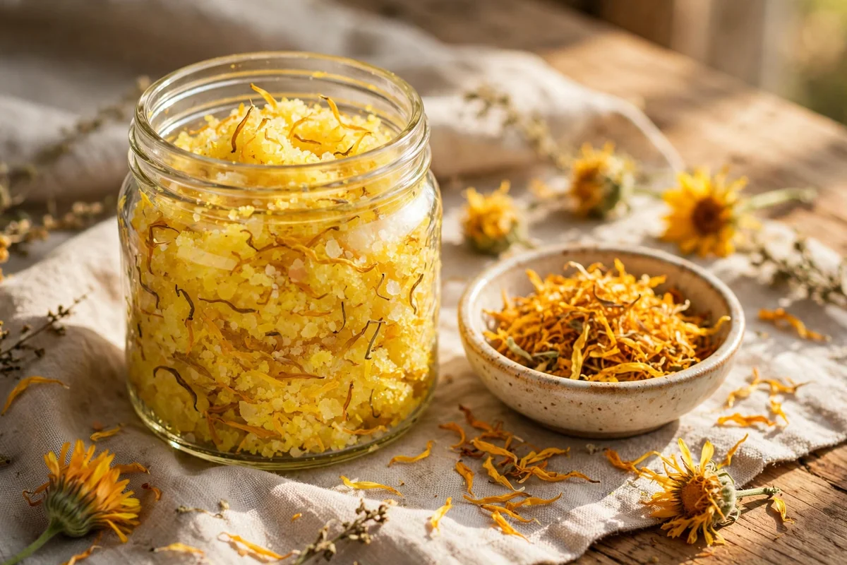 Jar of yellow calendula petal salt scrub with dried marigold petals