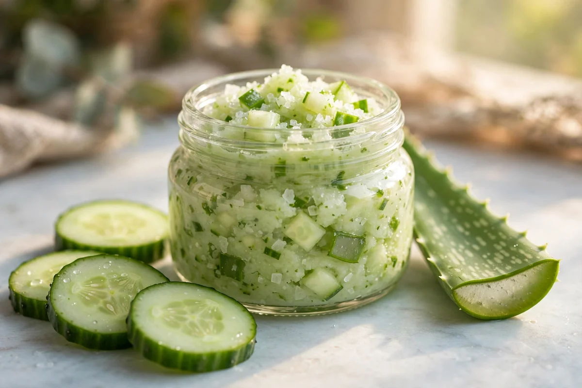 Small jar of fresh cucumber and aloe salt scrub with cucumber slices and aloe leaf
