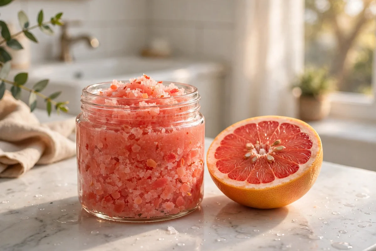 Jar of coral grapefruit salt scrub with a halved pink grapefruit