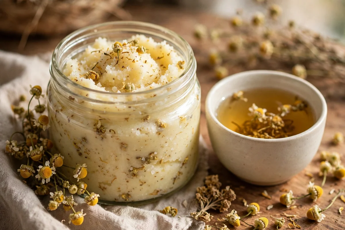 Jar of cream chamomile salt scrub with dried chamomile flowers and a cup of tea