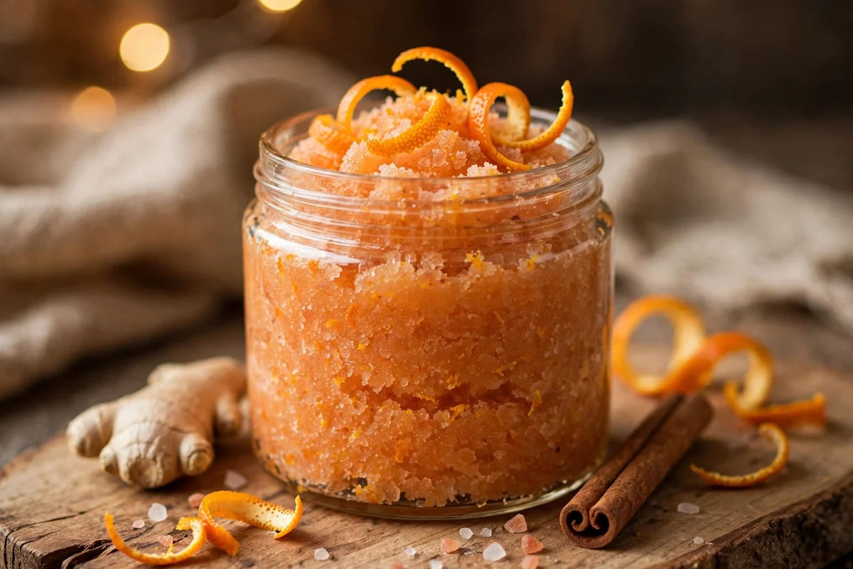 Jar of spiced orange salt scrub with orange peel, cinnamon and fresh ginger