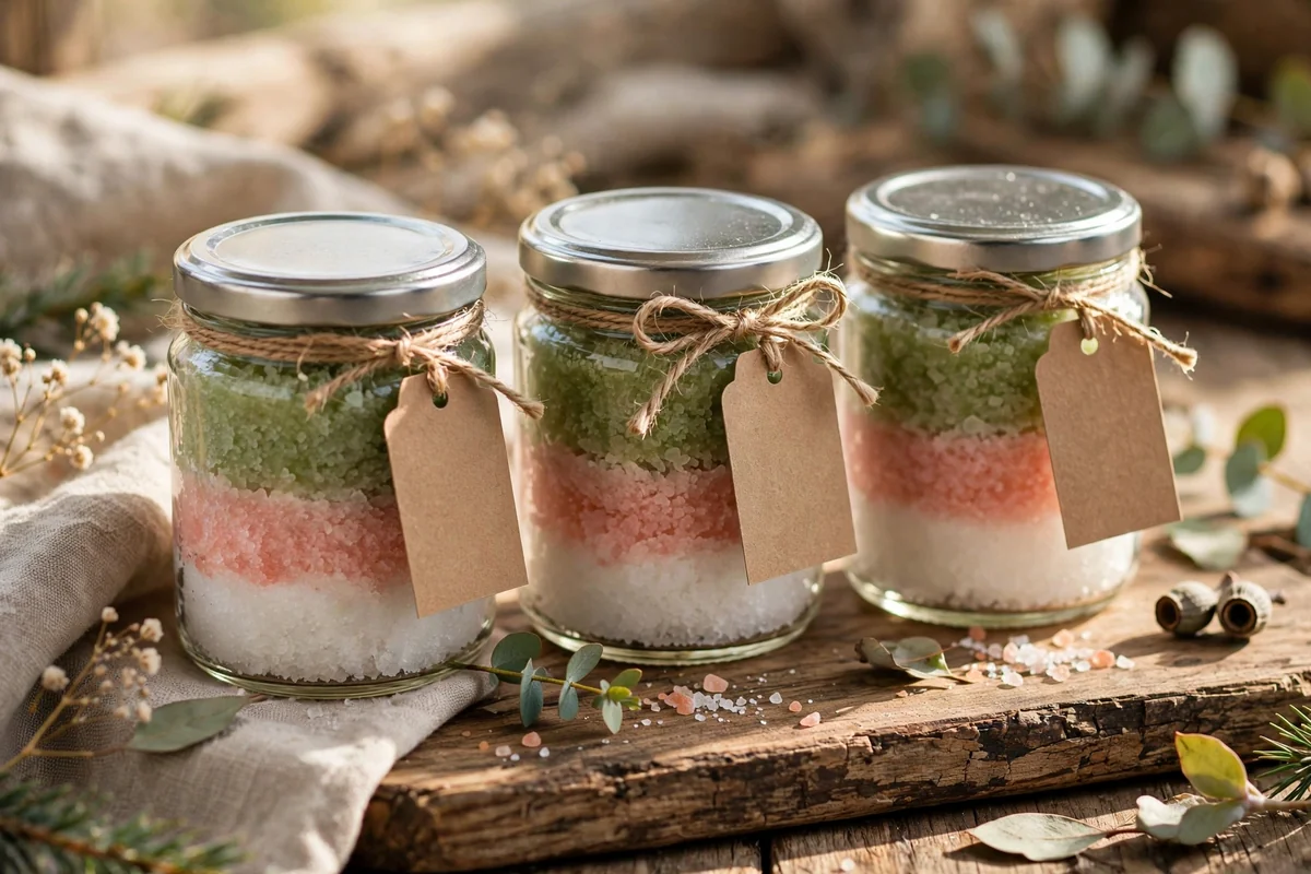 Three small gift jars of layered salt scrub in white, pink and green tied with twine