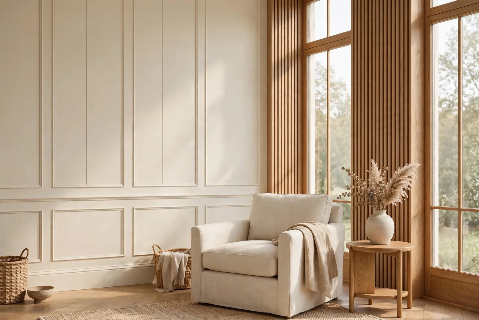 Cream living room wall with board and batten panelling, oak slat feature wall and soft daylight