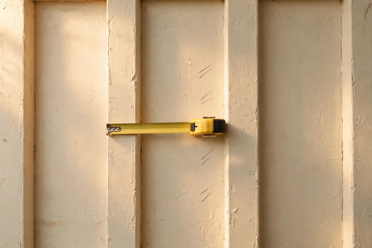 Cream board and batten wall with even spacing, tape measure and pencil marks