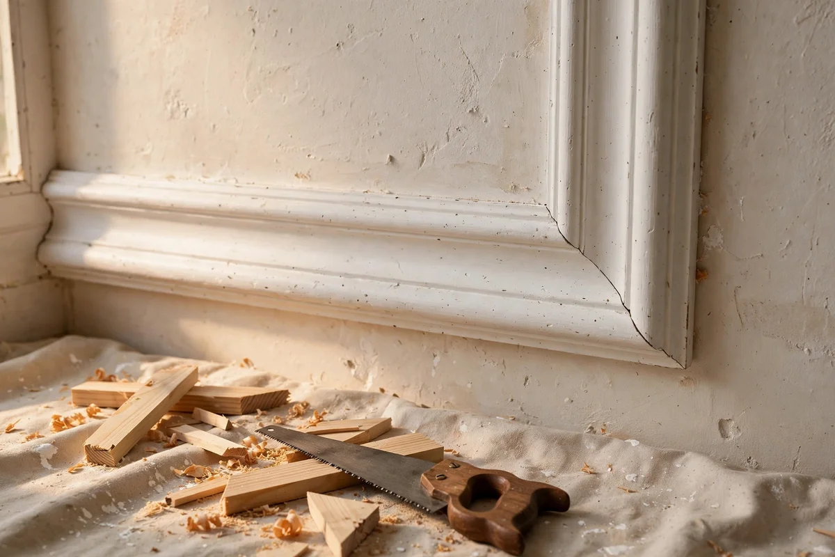 Mitred corner of white picture frame moulding with a tight joint, saw and offcuts below