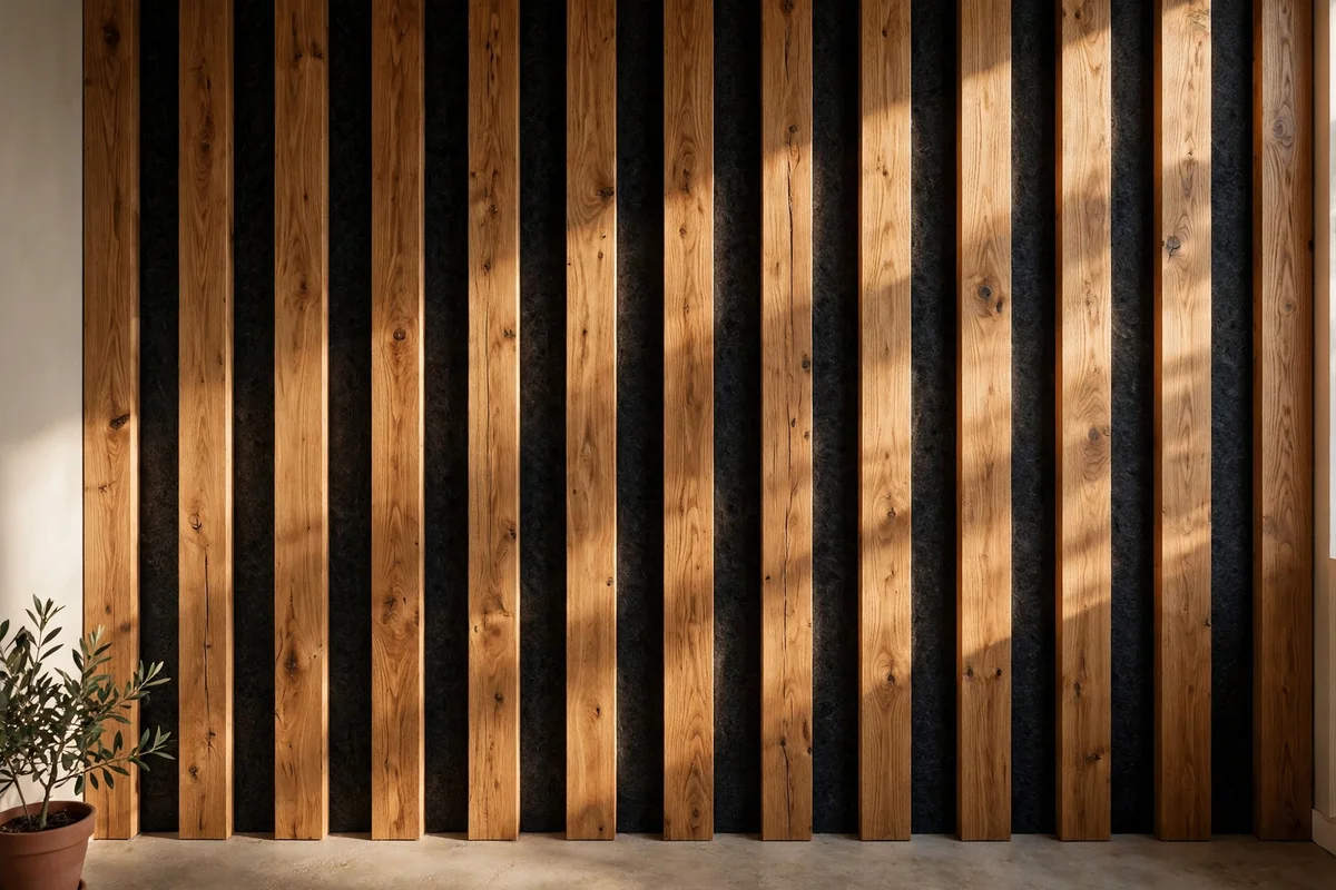 Oak slat wall with dark acoustic felt in the shadow gaps in warm daylight