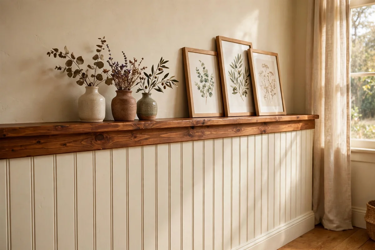 Cream beadboard half wall with a deep pine ledge cap styled with vases and prints