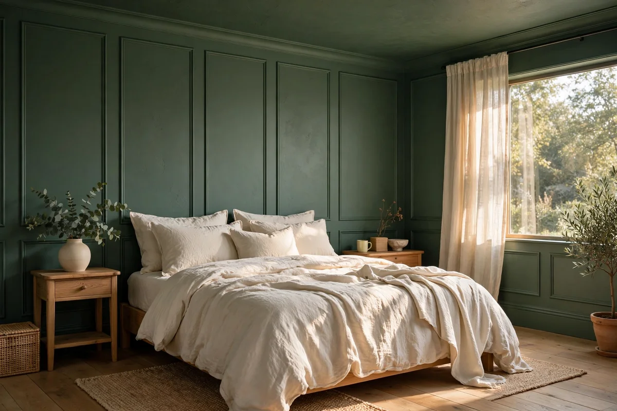 Panelled bedroom wall, skirting and ceiling painted one deep sage green with a bed