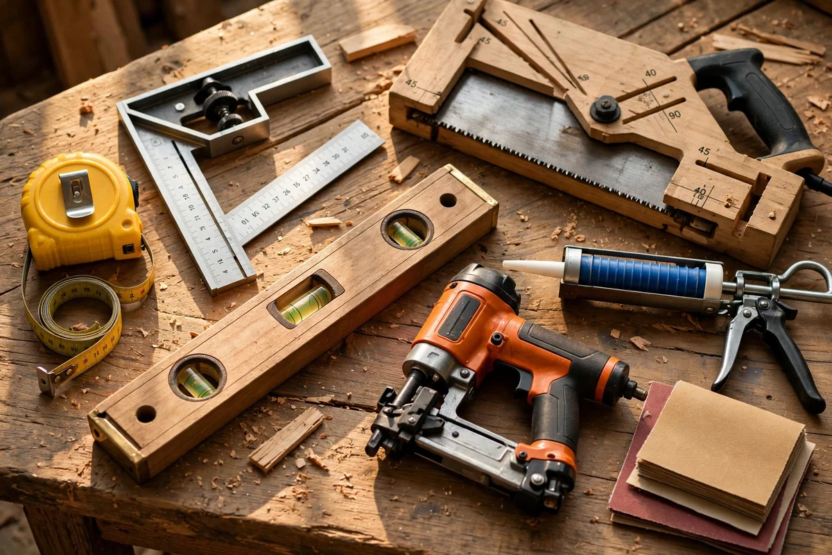 Still life of panelling tools on a workbench: tape measure, square, level, saw