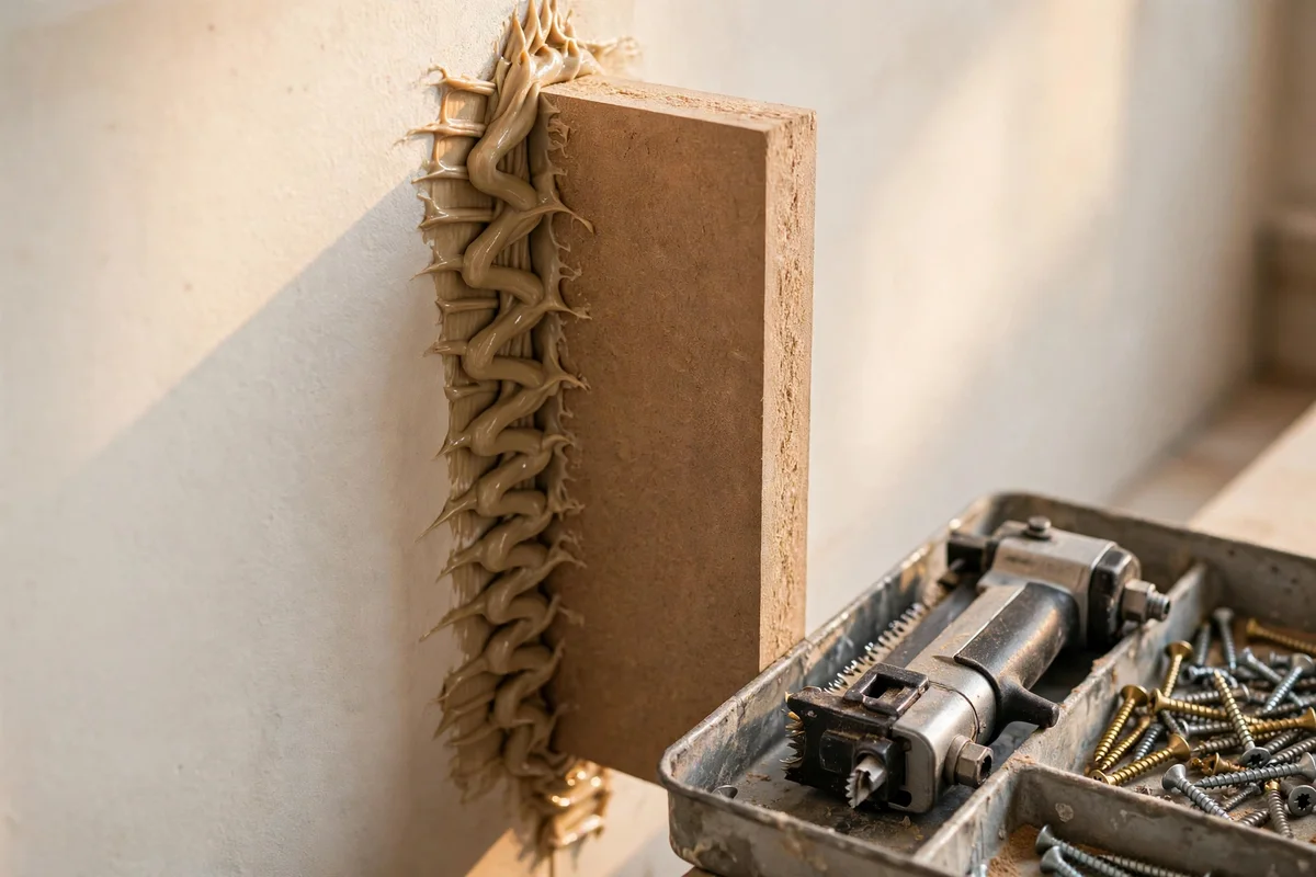 MDF batten pressed onto a wall with adhesive zigzag, nailer and screws nearby