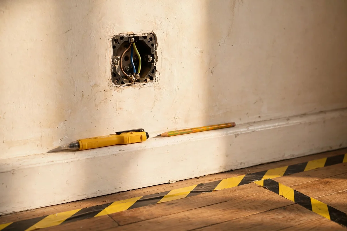 Wall socket with faceplate removed, marked safe zones, voltage tester on skirting