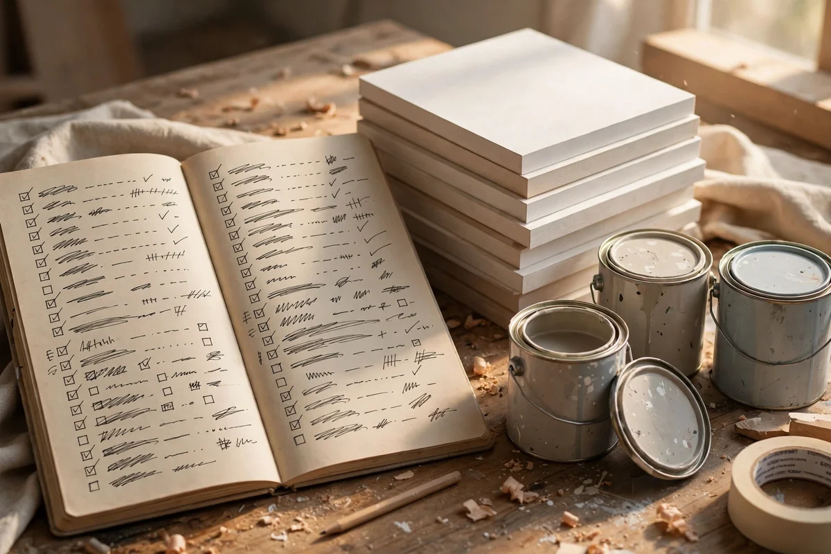 Notebook with per-wall budget list beside stacked battens and paint tins