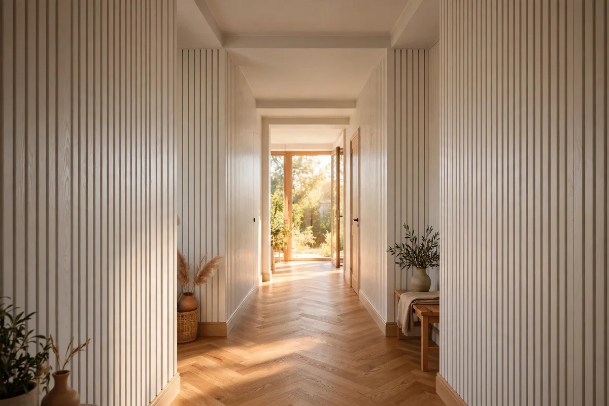 Hallway with full-height vertical battens in warm white and an oak floor