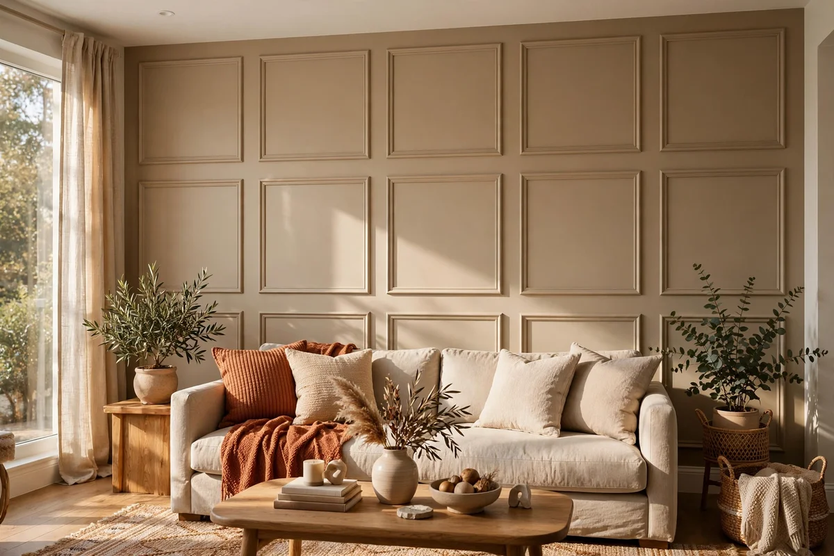 Shaker-style flat-stock frame rectangles in warm greige on a living room wall