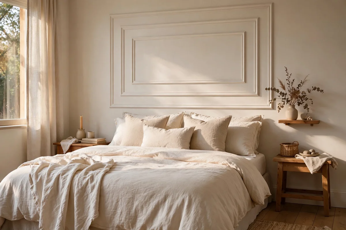 Bedroom with nested picture moulding rectangles behind a bed with cream bedding