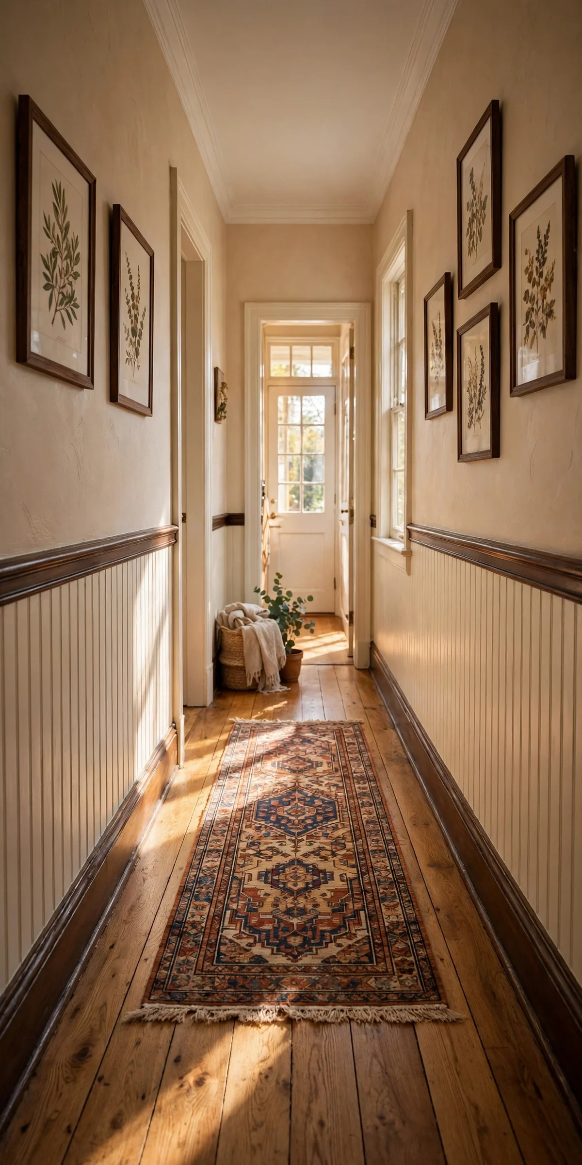 Narrow hallway with dado rail and cream beadboard below, runner on oak floor