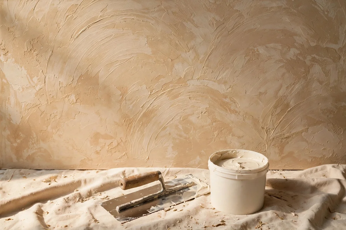 Panel with hand-troweled plaster texture in warm tone, trowel and compound tub