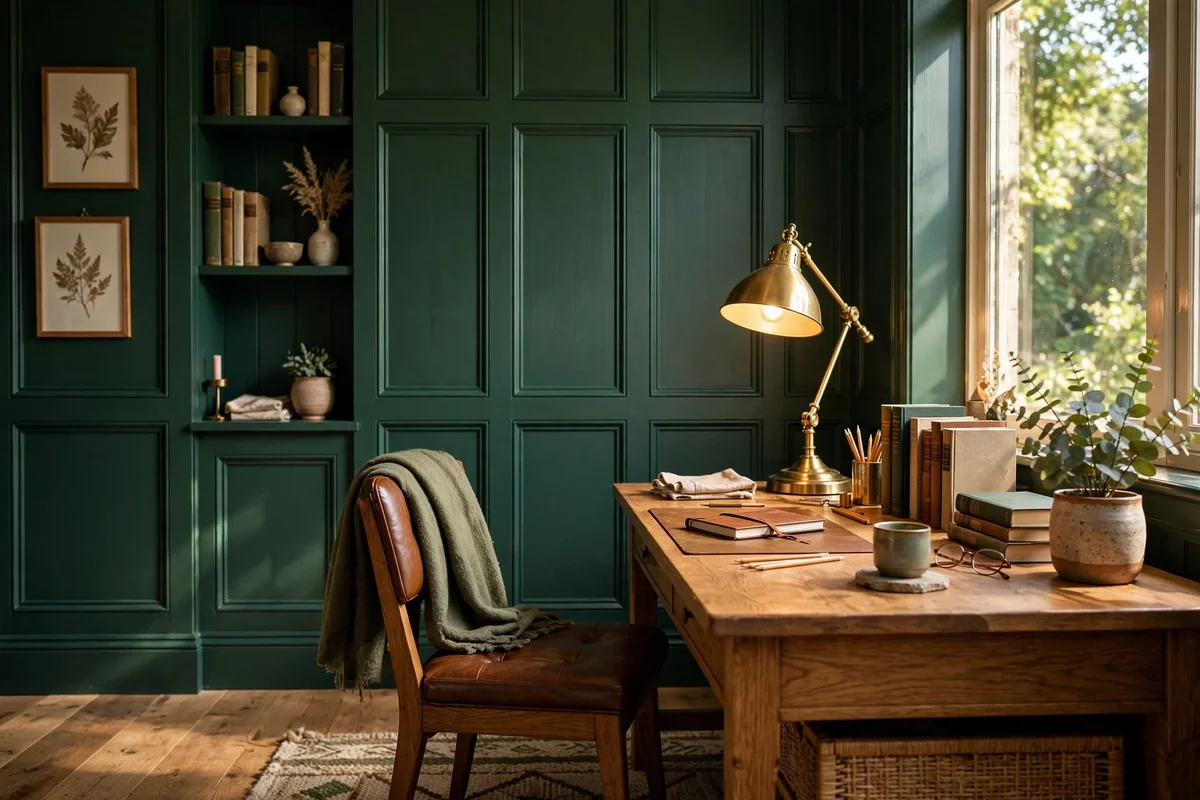 Home office with deep forest green drenched panelled walls, oak desk, brass lamp